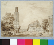 35274 Gezicht op het Munsterkerkhof te Utrecht uit het zuiden met de Domtoren en -kerk met daarnaast het Leesmuseum en ...