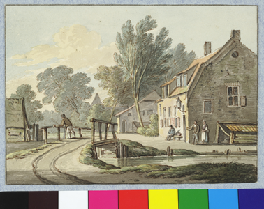 36128 Gezicht op de voor- en zijgevels van enkele huizen aan het Zwarte Water te Utrecht bij een brug over het water.