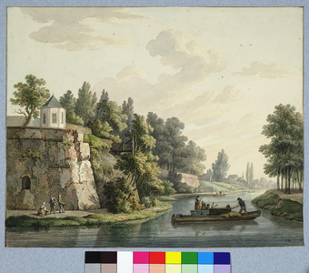 31005 Gezicht over de stadsbuitengracht op de stadswal te Utrecht uit het zuidoosten, met links het bastion Zonnenburg, ...