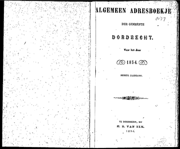  Algemeen adresboekje der gemeente Dordrecht. Voor het jaar 1854. Eerste jaargang, pagina 1