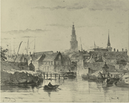 6340 Groningen : Aquarel van het Reitdiep/de Noorderhaven met de Hoek van Ameland door A.J. van Prooijen, 1860